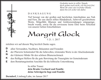 Traueranzeige von Margrit Glock von Südthüringer Presse