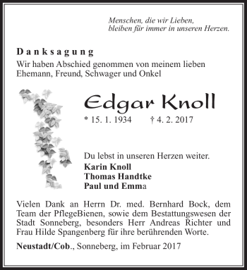 Traueranzeige von Edgar Knoll von Südthüringer Presse