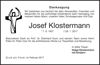 Traueranzeige von Josef Klostermann von Neue Presse Coburg