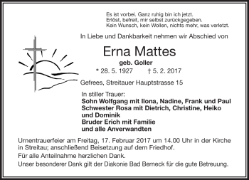 Traueranzeige von Erna Mattes von Frankenpost