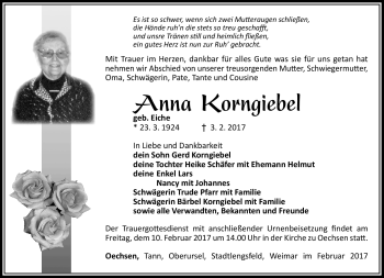 Traueranzeige von Anna Korngiebel von Südthüringer Presse
