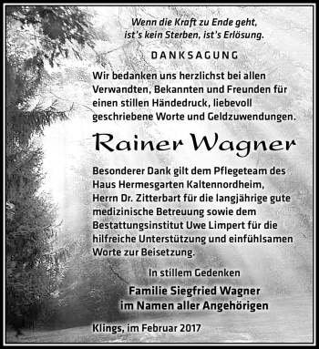 Traueranzeige von Rainer Wagner von Südthüringer Presse