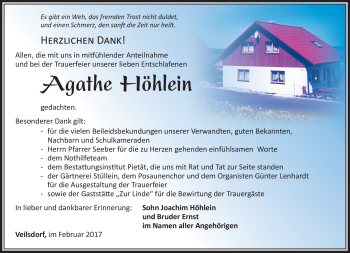 Traueranzeige von Agathe Höhlein von Südthüringer Presse