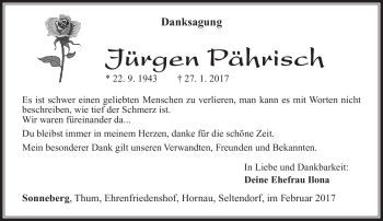 Traueranzeige von Jürgen Pährisch von Südthüringer Presse