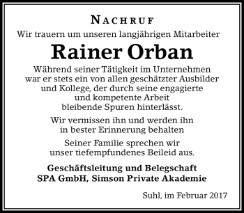 Traueranzeige von Rainer Orban von Südthüringer Presse