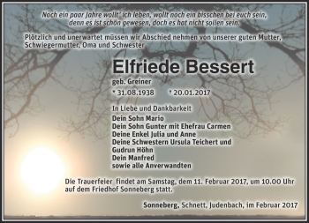 Traueranzeige von Elfriede Bessert von Südthüringer Presse