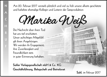 Traueranzeige von Marika Weiß von Südthüringer Presse