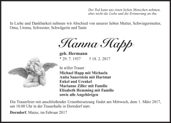 Traueranzeige von Hanna Happ von Südthüringer Presse