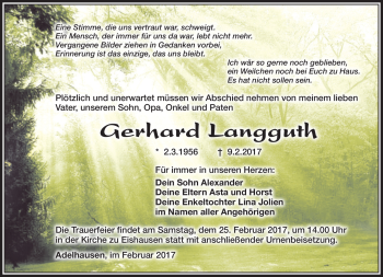 Traueranzeige von Gerhard Langguth von Südthüringer Presse
