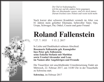 Traueranzeige von Roland Fallenstein von Südthüringer Presse