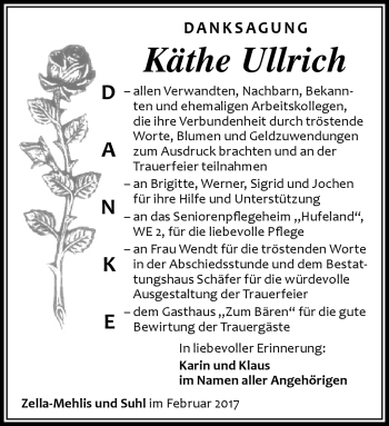 Traueranzeige von Käthe Ullrich von Südthüringer Presse