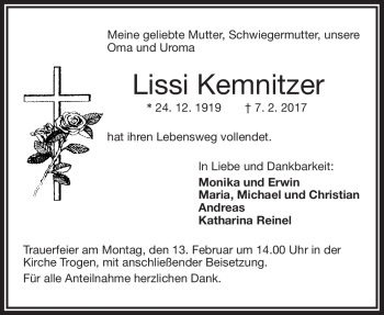 Traueranzeige von Lissi Kemnitzer von Frankenpost