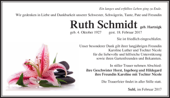 Traueranzeige von Ruth Schmidt von Südthüringer Presse