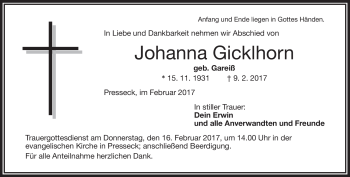 Traueranzeige von Johanna Gicklhorn von Frankenpost