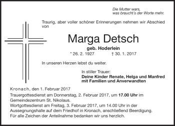 Traueranzeige von Marga Detsch von Neue Presse Coburg