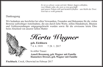 Traueranzeige von Herta Wagner von Südthüringer Presse