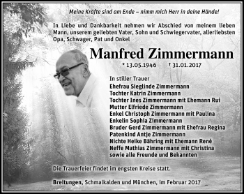 Traueranzeige von Manfred Zimmermann von Südthüringer Presse