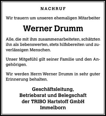 Traueranzeige von Werner Drumm von Südthüringer Presse