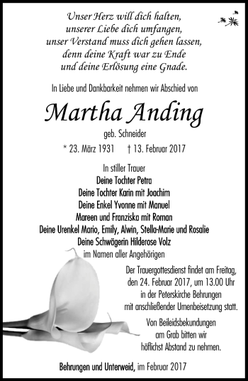 Traueranzeige von Martha Anding von Südthüringer Presse