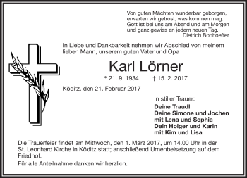 Traueranzeige von Karl Lörner von Frankenpost