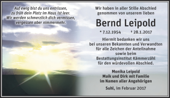 Traueranzeige von Bernd Leipold von Südthüringer Presse