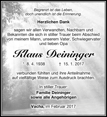 Traueranzeige von Klaus Deininger von Südthüringer Presse