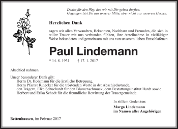 Traueranzeige von Paul Lindemann von Südthüringer Presse