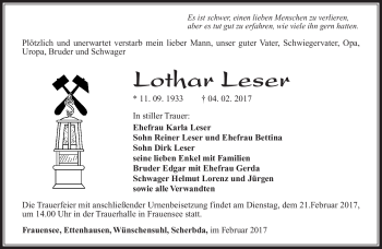 Traueranzeige von Lothar Leser von Südthüringer Presse