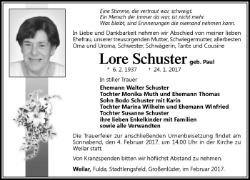 Traueranzeige von Lore Schuster von Südthüringer Presse