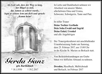 Traueranzeige von Gerda Ganz von Südthüringer Presse