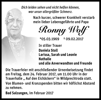 Traueranzeige von Ronny Wolf von Südthüringer Presse