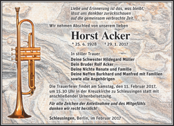 Traueranzeige von Horst Acker von Südthüringer Presse