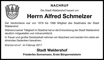 Traueranzeige von Alfred Schmelzer von Frankenpost