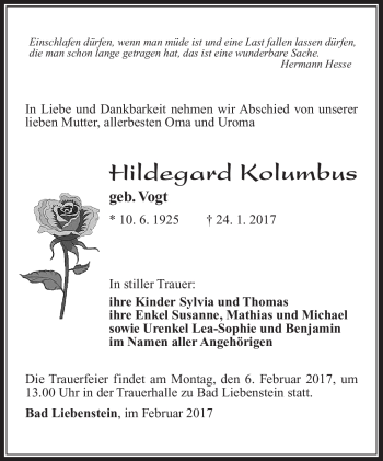 Traueranzeige von Hildegard Kolumbus von Südthüringer Presse
