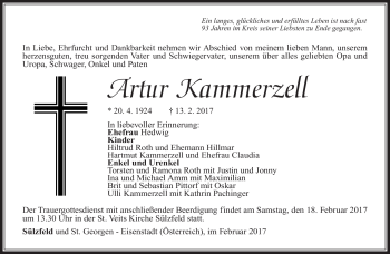 Traueranzeige von Artur Kammerzell von Südthüringer Presse