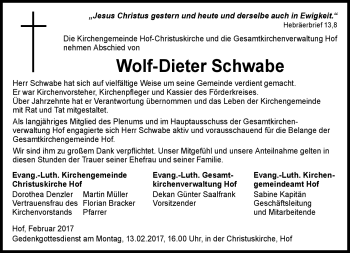 Traueranzeige von Wolf-Dieter Schwabe von Frankenpost