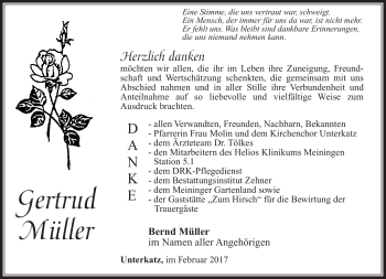 Traueranzeige von Gertrud Müller von Südthüringer Presse