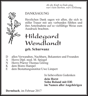 Traueranzeige von Hildegard Wendlandt von Südthüringer Presse
