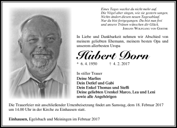 Traueranzeige von Hubert Dorn von Südthüringer Presse