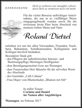 Traueranzeige von Roland Dietzel von Südthüringer Presse