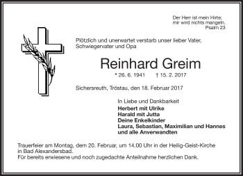 Traueranzeige von Reinhard Greim von Frankenpost