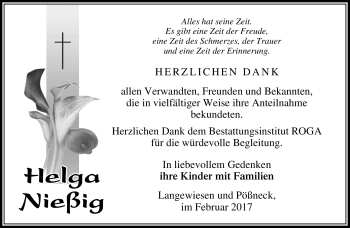 Traueranzeige von Helga Nießig von Südthüringer Presse