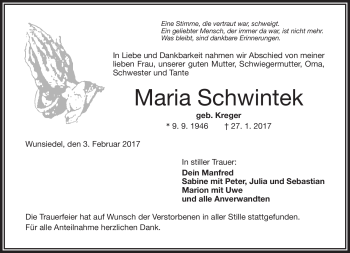 Traueranzeige von Maria Schwintek von Frankenpost