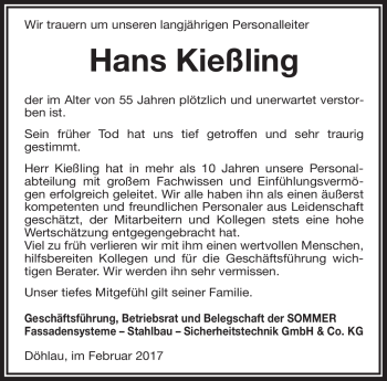 Traueranzeige von Hans Kießling von Frankenpost
