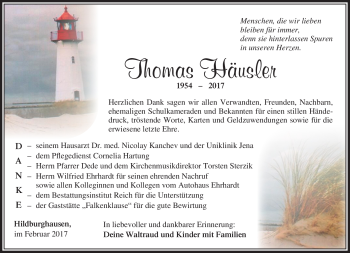 Traueranzeige von Thomas Häusler von Südthüringer Presse