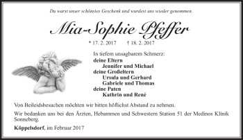 Traueranzeige von Mia-Sophie Pfeffer von Südthüringer Presse