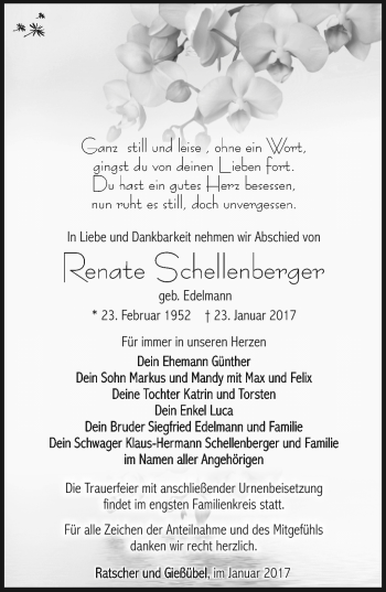 Traueranzeige von Renate Schellenberger von Südthüringer Presse