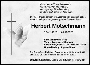 Traueranzeige von Herbert Motschmann von Südthüringer Presse
