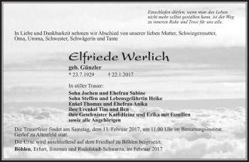 Traueranzeige von Elfriede Werlich von Südthüringer Presse