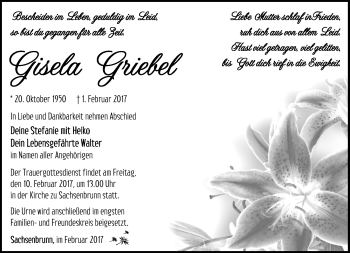 Traueranzeige von Gisela Griebel von Südthüringer Presse
